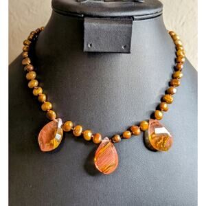17" Gold Tone Genuine Copper Pearl Glass Teardrop Station Toggle Necklace